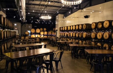 the barrel room at Noon Whistle Brewing set up for a private event