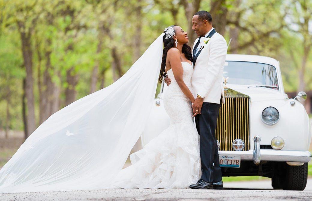 Wedding Couple and Vintage Car at Oak Brook Bath and Tennis