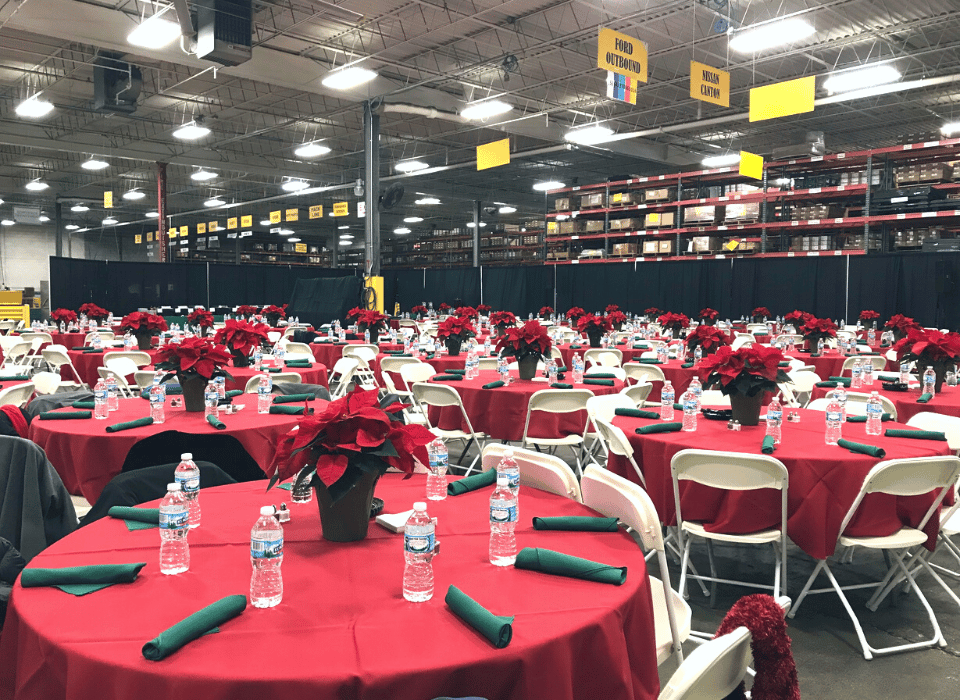warehouse set up for holiday party