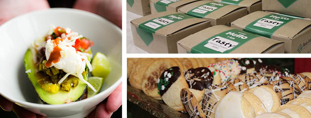 Collage of photos including avocado in a bowl, box lunches and butter cookies