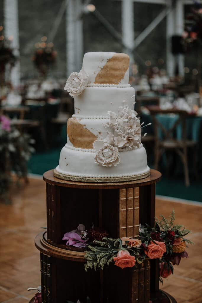 Close up of wedding cake on dancefloor.