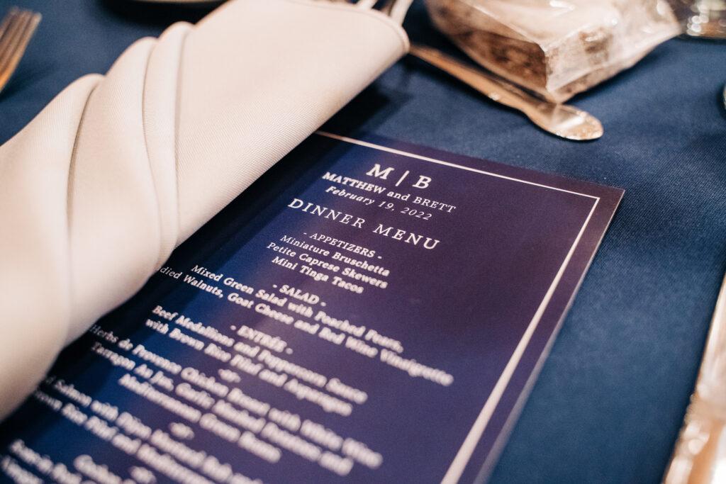 blue wedding dinner menu